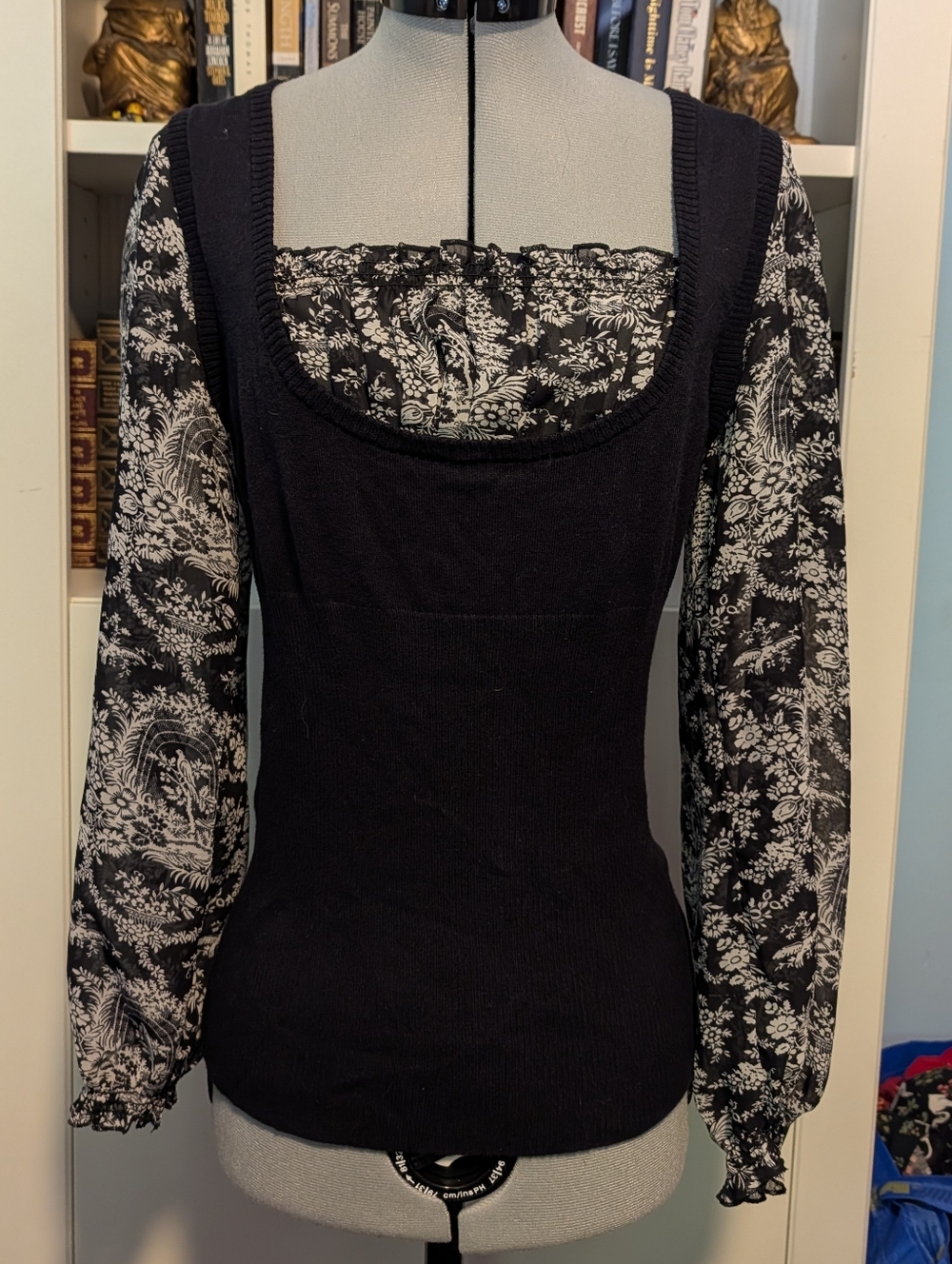 Max Studio Black Milk Maid Top with Black-and-White Patterned Sleeves